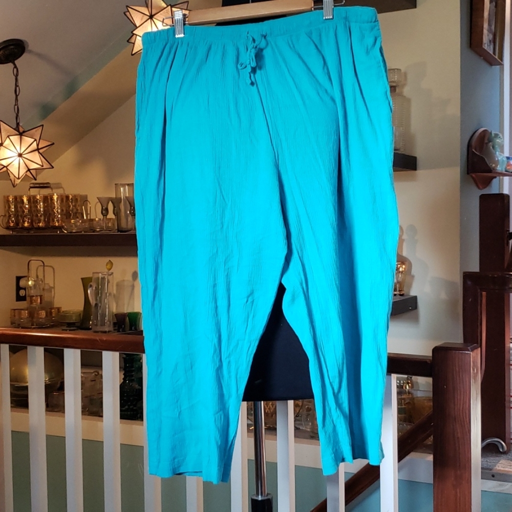 Vintage J&M Nepal Cotton Turqoise Womans Pullon Tie Capris